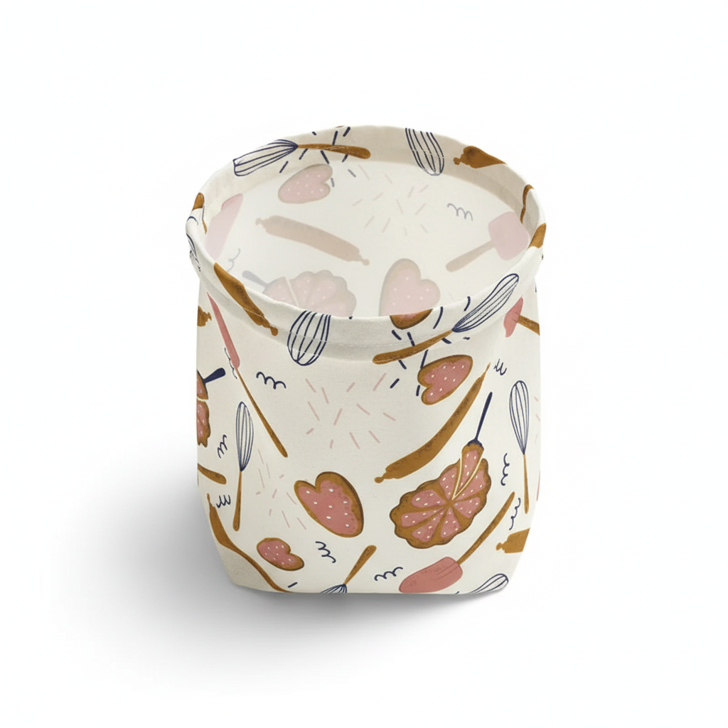 Cylindrical beeswax food bag with floral pattern on a white background