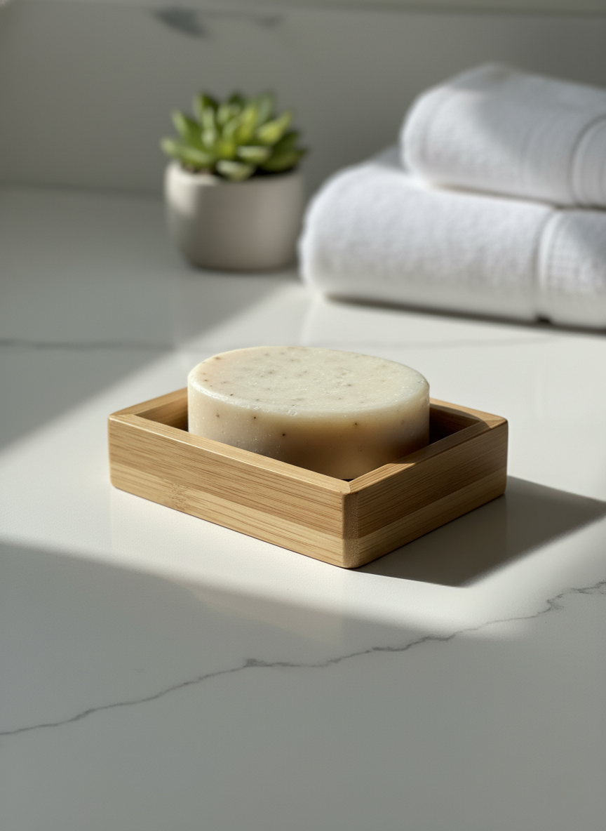 Bar of soap in a bamboo dish on a marble surface with towels and a plant in the background.