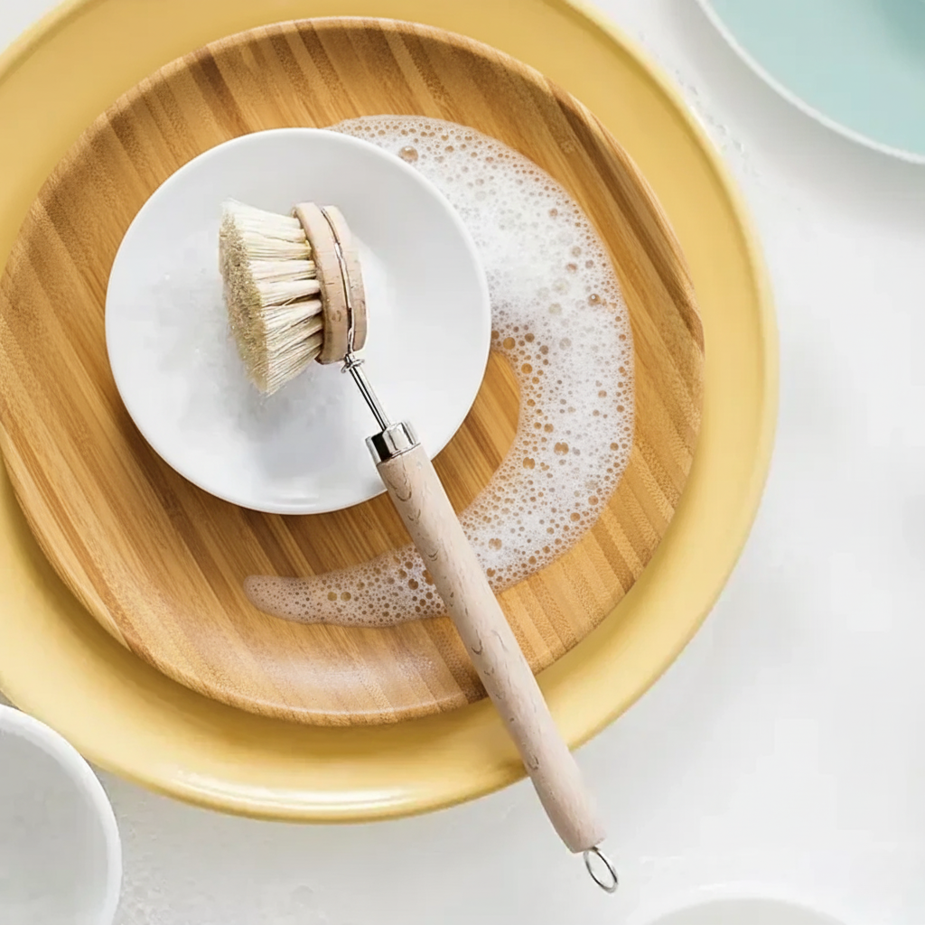 Dishwashing brush with soap on a wooden plate