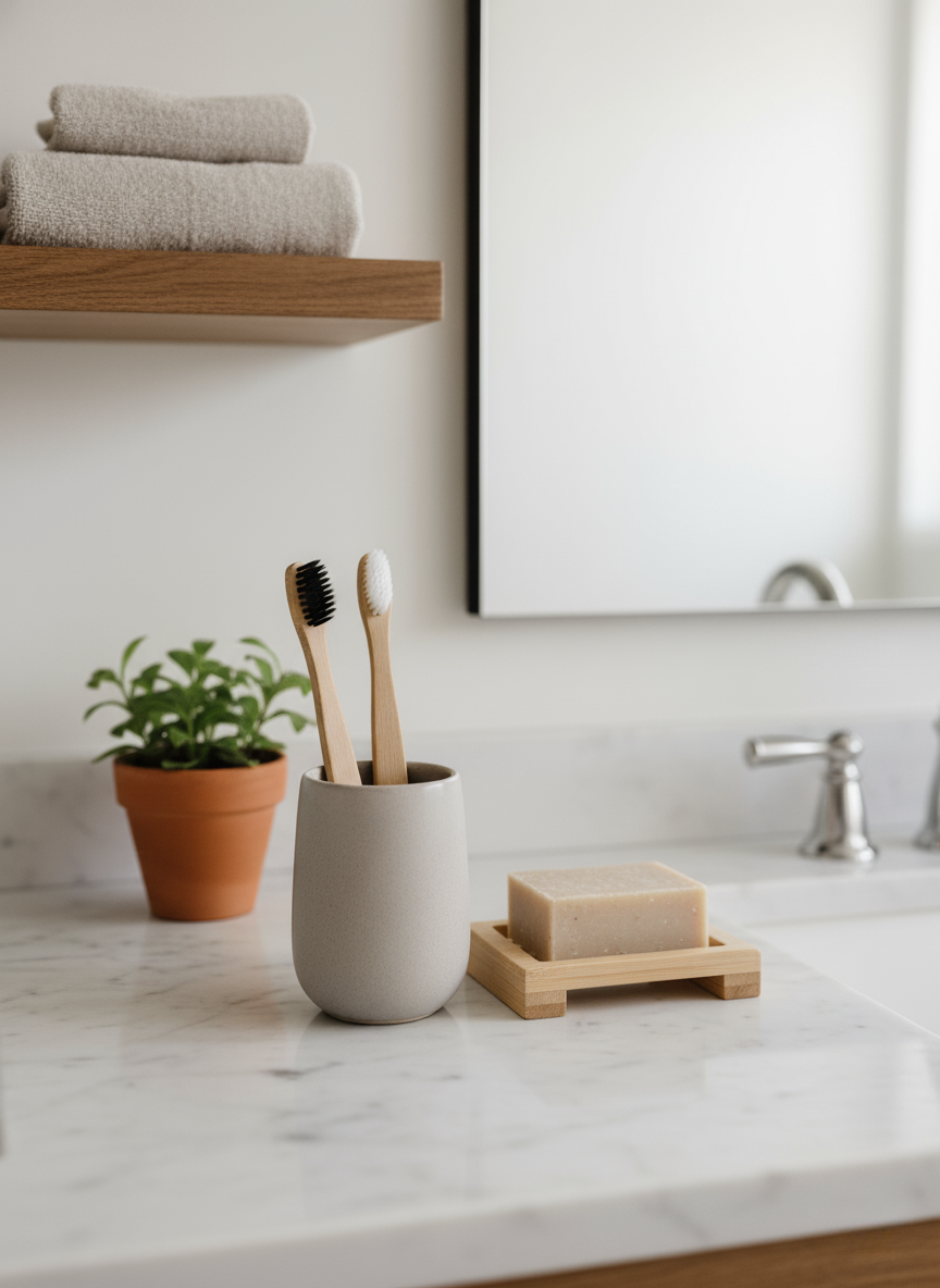 Bathroom counter with a toothbrush holder, toothbrushes, soap, and a plant.