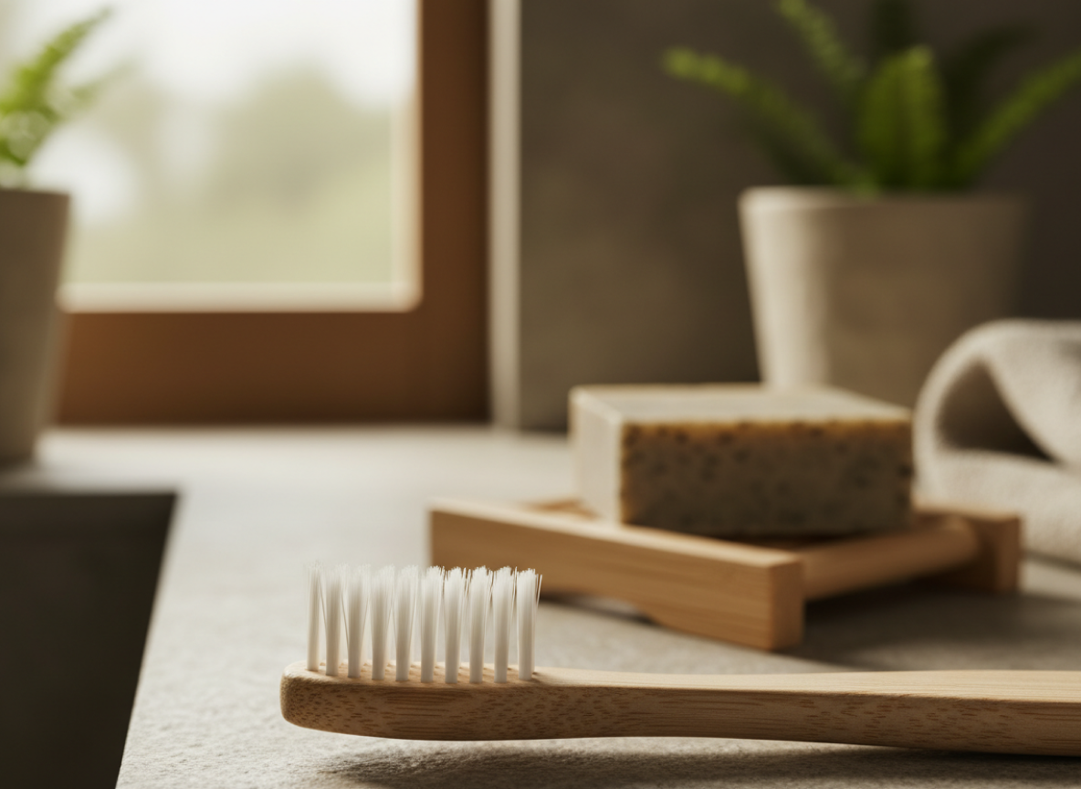 Bamboo toothbrush with a bamboo soap dish