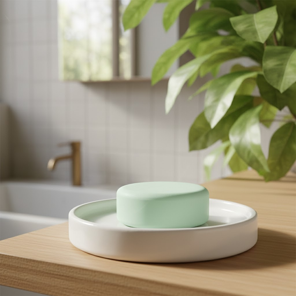 Eucalyptus Mint Conditioner Bar on a white plate with a plant and bathroom background