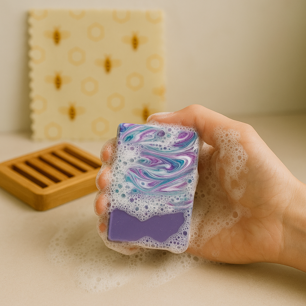 Hand holding a colorful soap bar with a wooden soap dish in the background