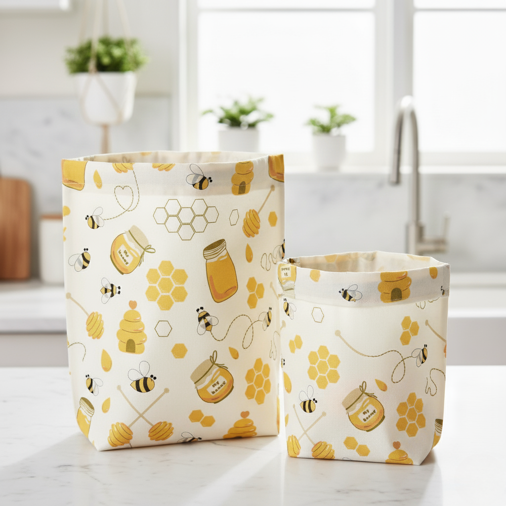 Two fabric beeswax storage bins with bee and honey design on a light surface.