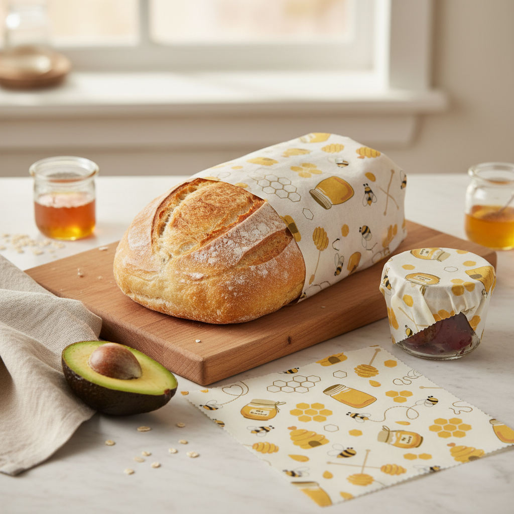 Loaf of bread and jar on a wooden cutting board with beeswax wrap in the foreground.