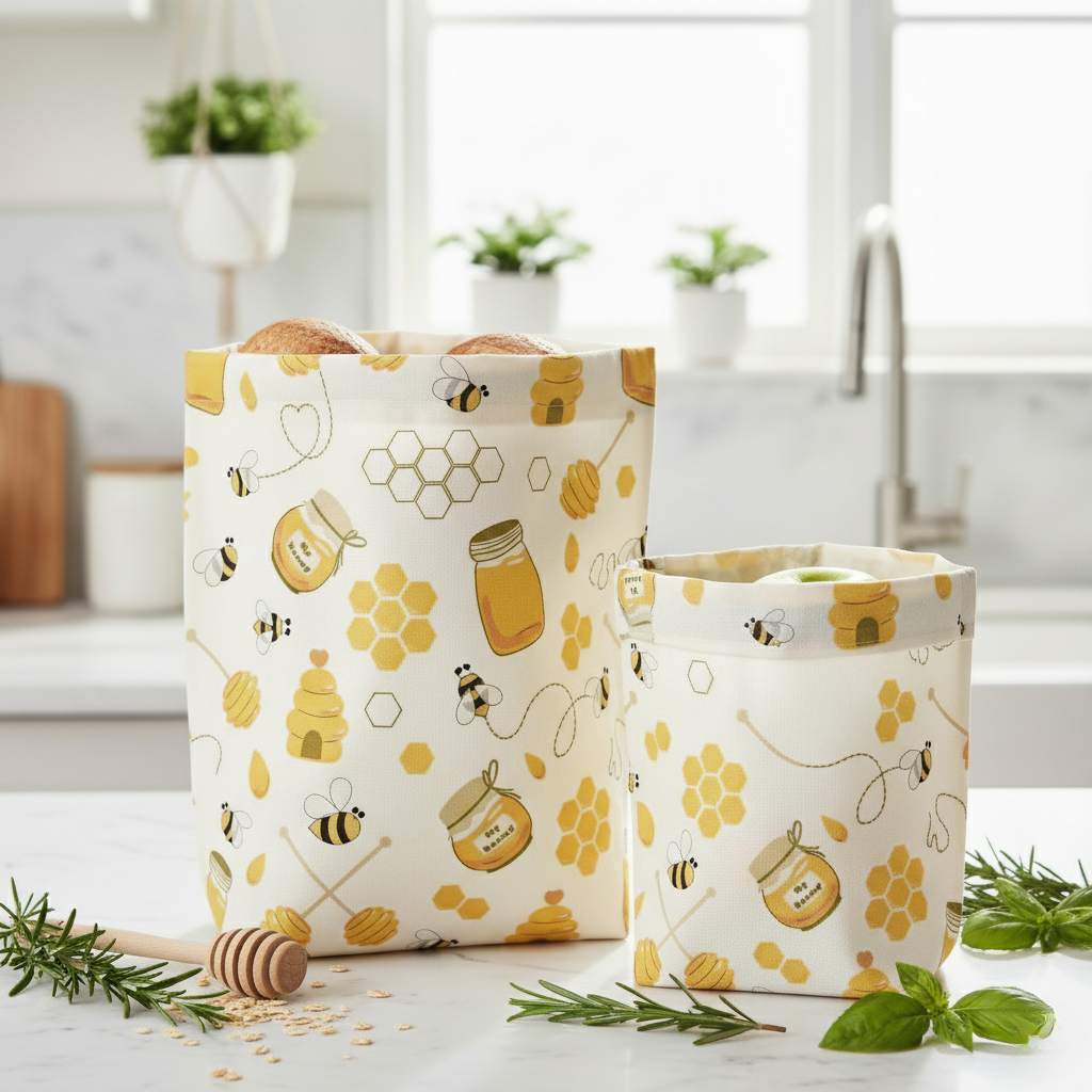 Two beeswax fabric storage bags with bee and honey design on a kitchen counter.
