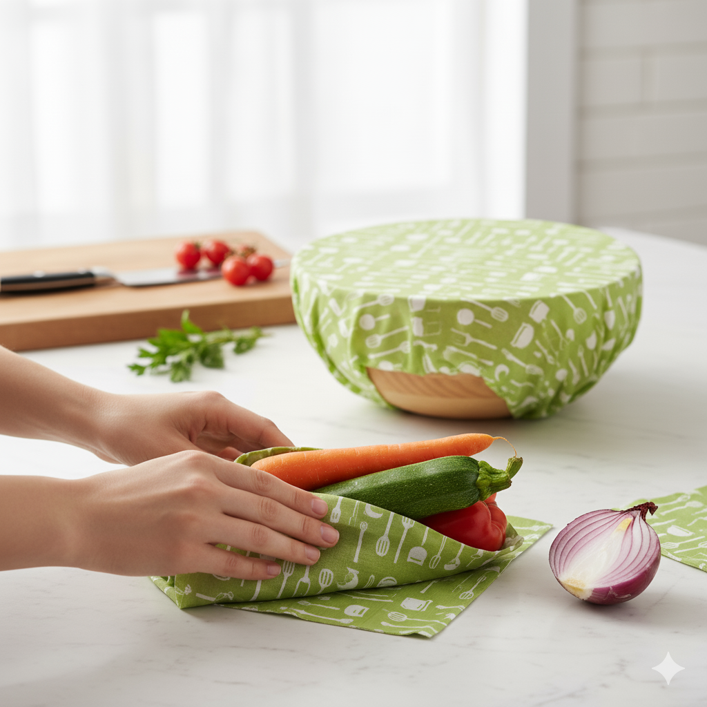 Person using a green reusable wrap to cover vegetables on a kitchen counter.