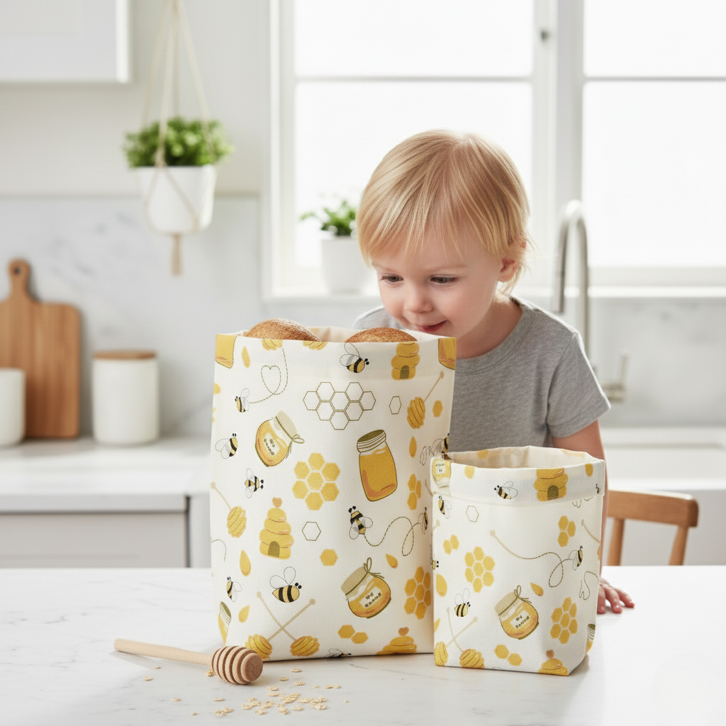 Child playing with beeswax fabric storage bins with honeycomb and bee pattern in a kitchen.