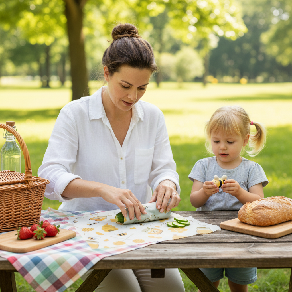 Woman and child covering food in beeswax wrap at a picnic table in a park