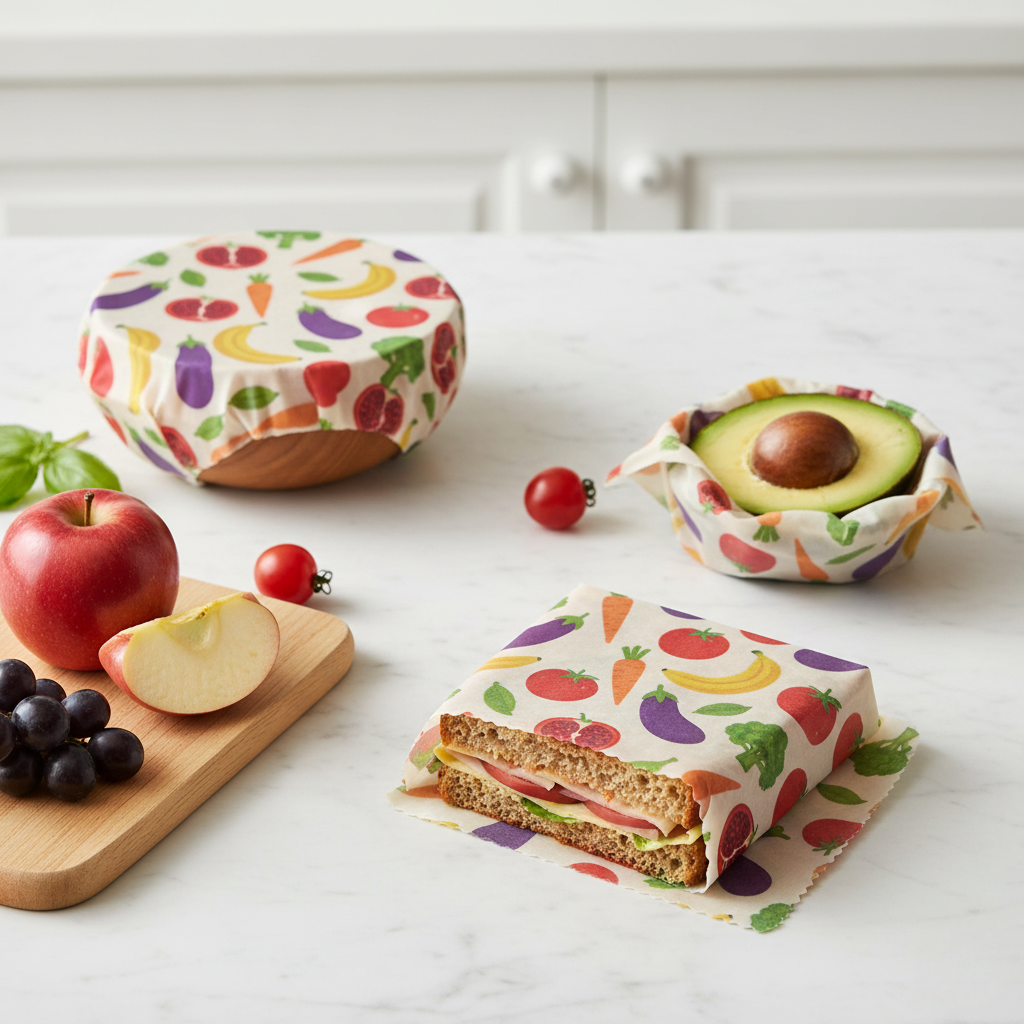 Reusable food wraps with fruit pattern on a kitchen counter with fruits and a sandwich.