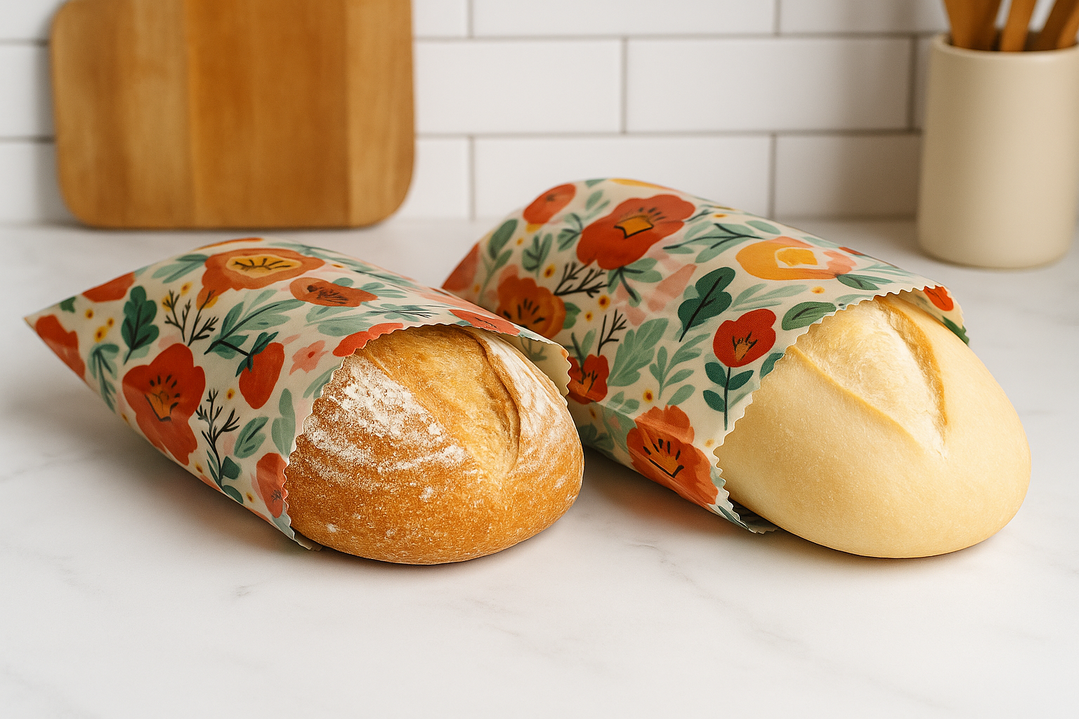 Two loaves of bread wrapped in floral-patterned beeswax paper on a kitchen counter.