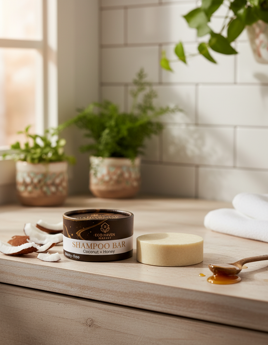 Shampoo bar on a wooden surface with plants and towels in the background