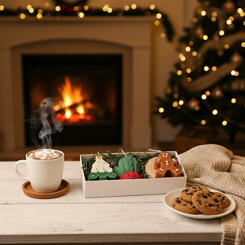Cozy Christmas scene with hot chocolate, cookies, and decorative items in front of a fireplace and tree.