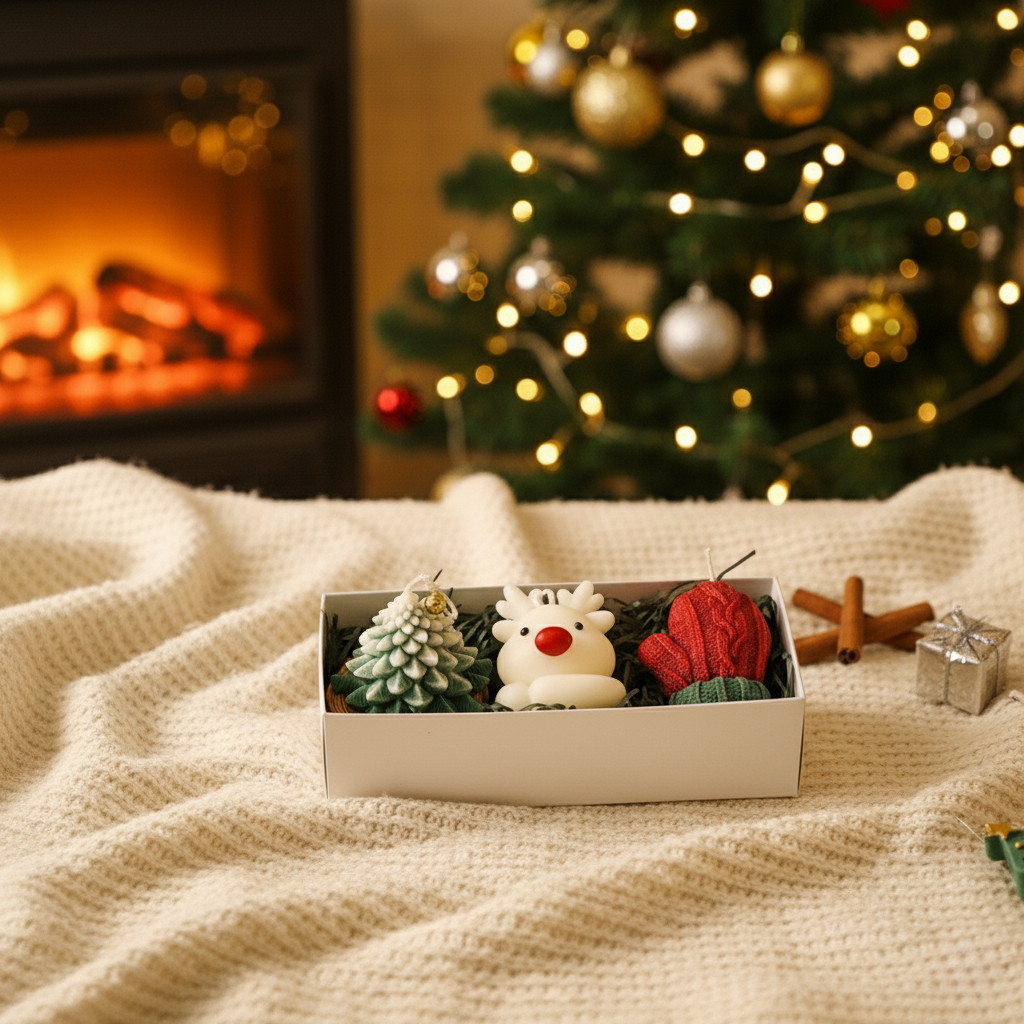 Decorative items including a reindeer, Christmas tree, and red ball in a box on a blanket with a Christmas tree and fireplace in the background.