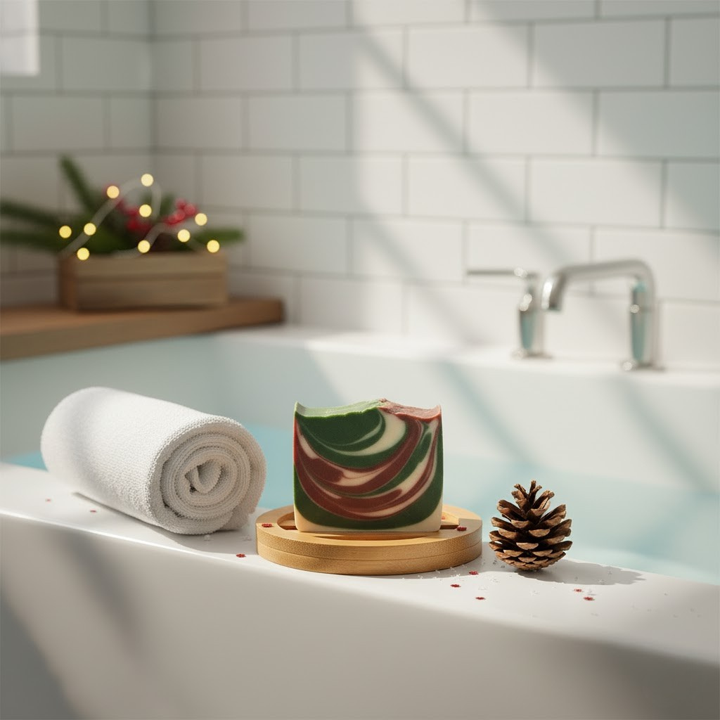 Decorative peppermint cloves soap with a towel and pine cone on a bathtub ledge in a bathroom setting.