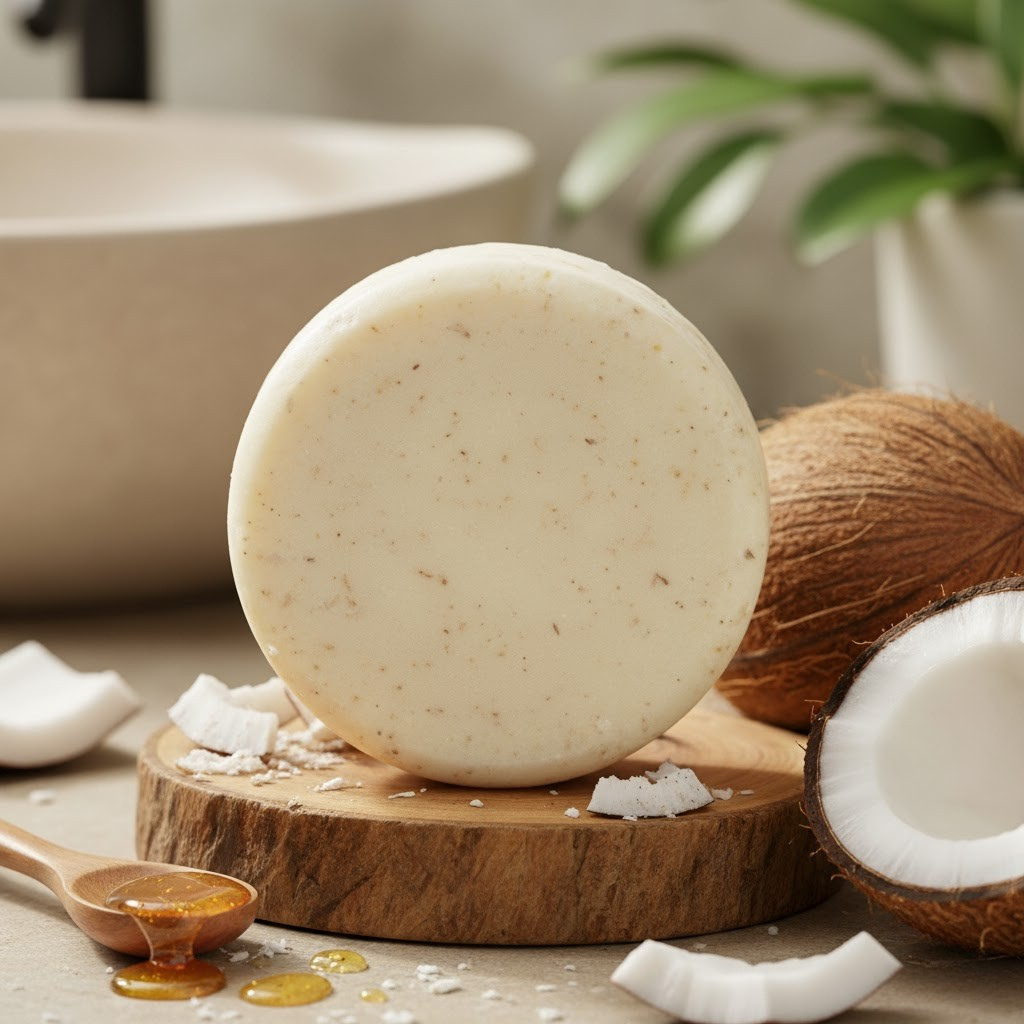Coconut Honey Shampoo Bar on a wooden board with coconuts and a spoonful of honey 