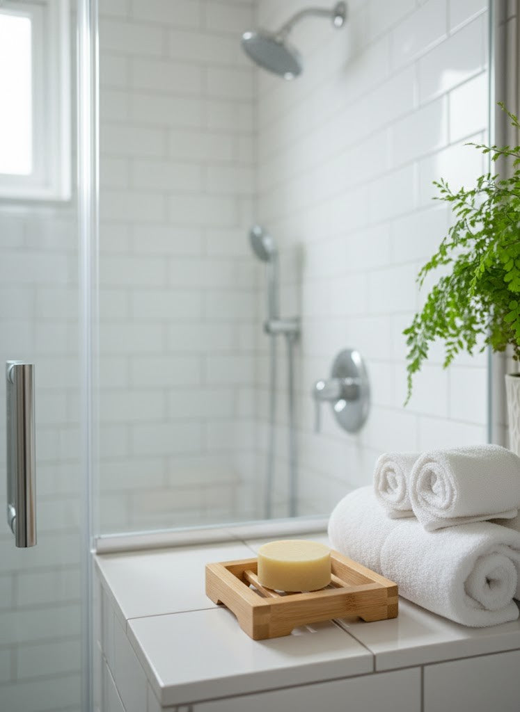 Bathroom with white tiles, towels, and a Honey Coconut Conditioner Bar.
