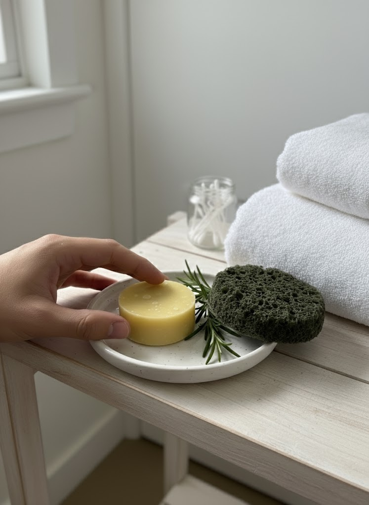Hand holding a Honey Coconut Bar next to a green sponge and white towels on a wooden surface.
