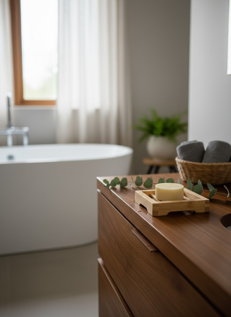 Bathroom setting with a wooden tray holding a bar of Honey Coconut Bar soap and small plants, with a bathtub and window in the background.