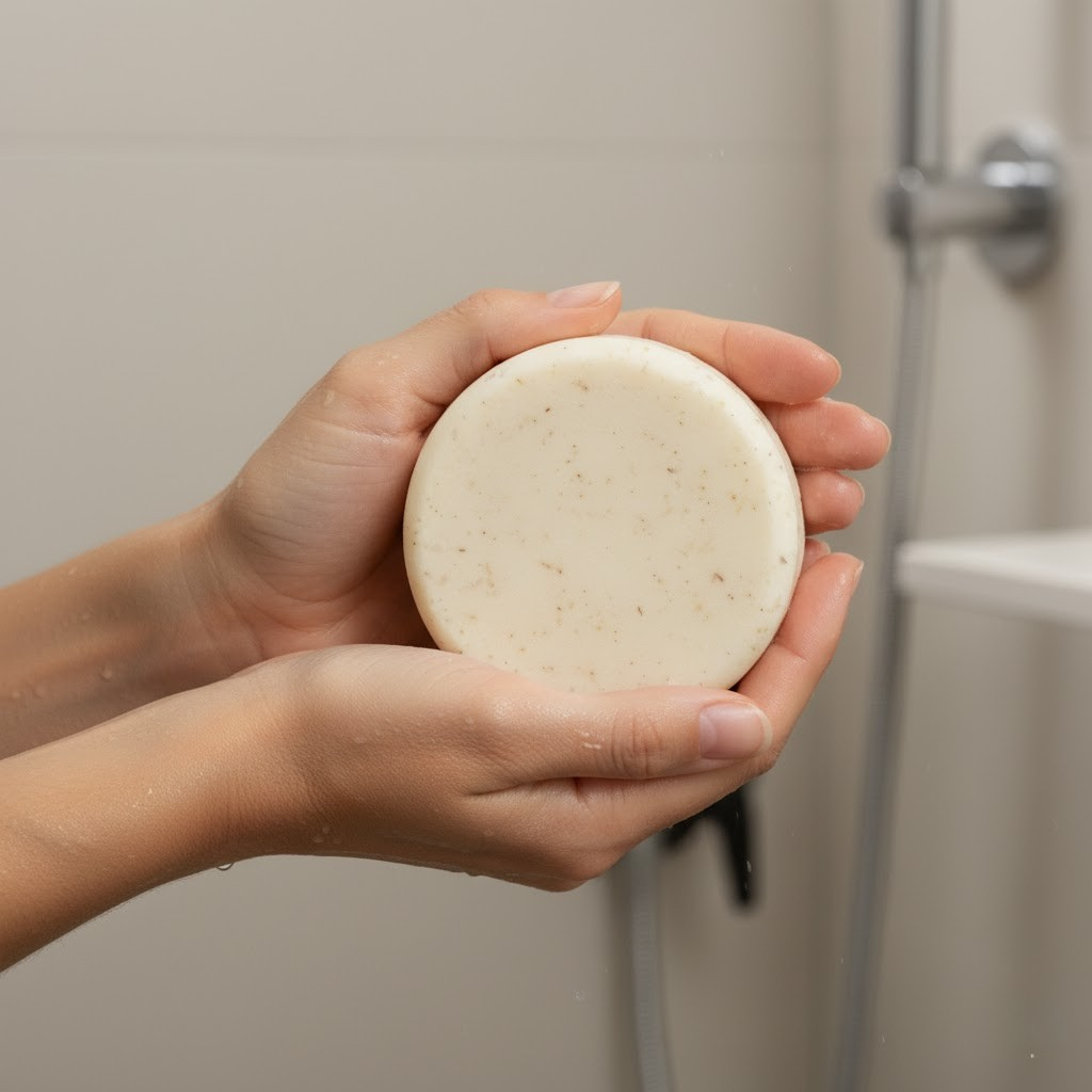 Hand holding a Coconut Honey Shampoo Bar against a neutral background