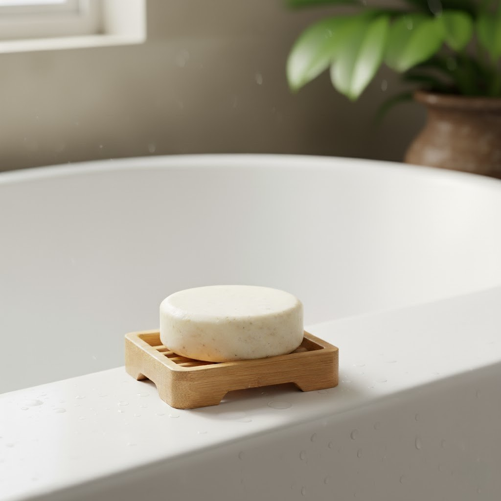 Coconut Honey Shampoo Bar on a bamboo soap dish on a bathroom counter with a plant in the background.