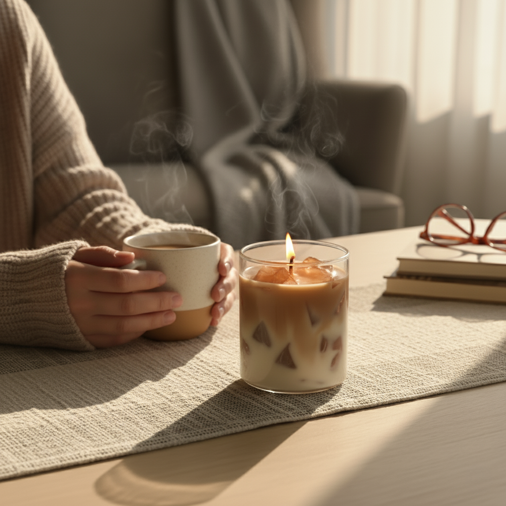 Person holding a steaming cup of coffee next to a lit cold brew candle on a table with a warm ambiance.