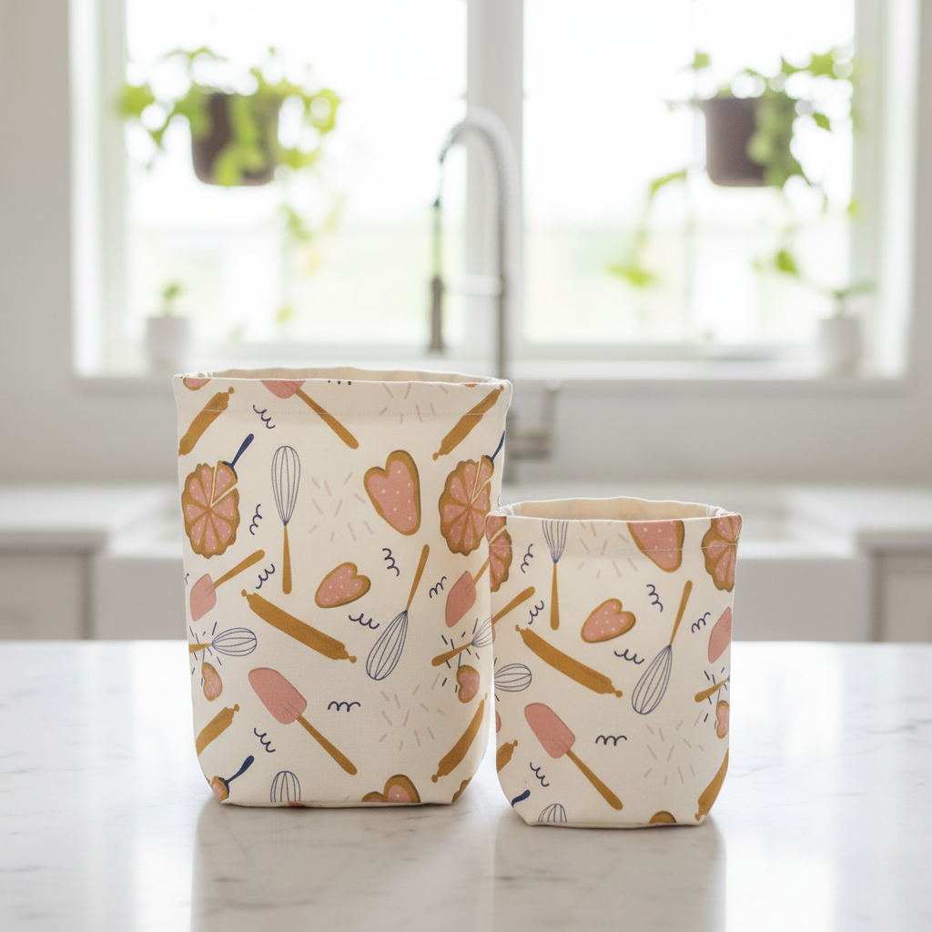 Two food bags with kitchen-themed  cutlery patterns on a marble surface.