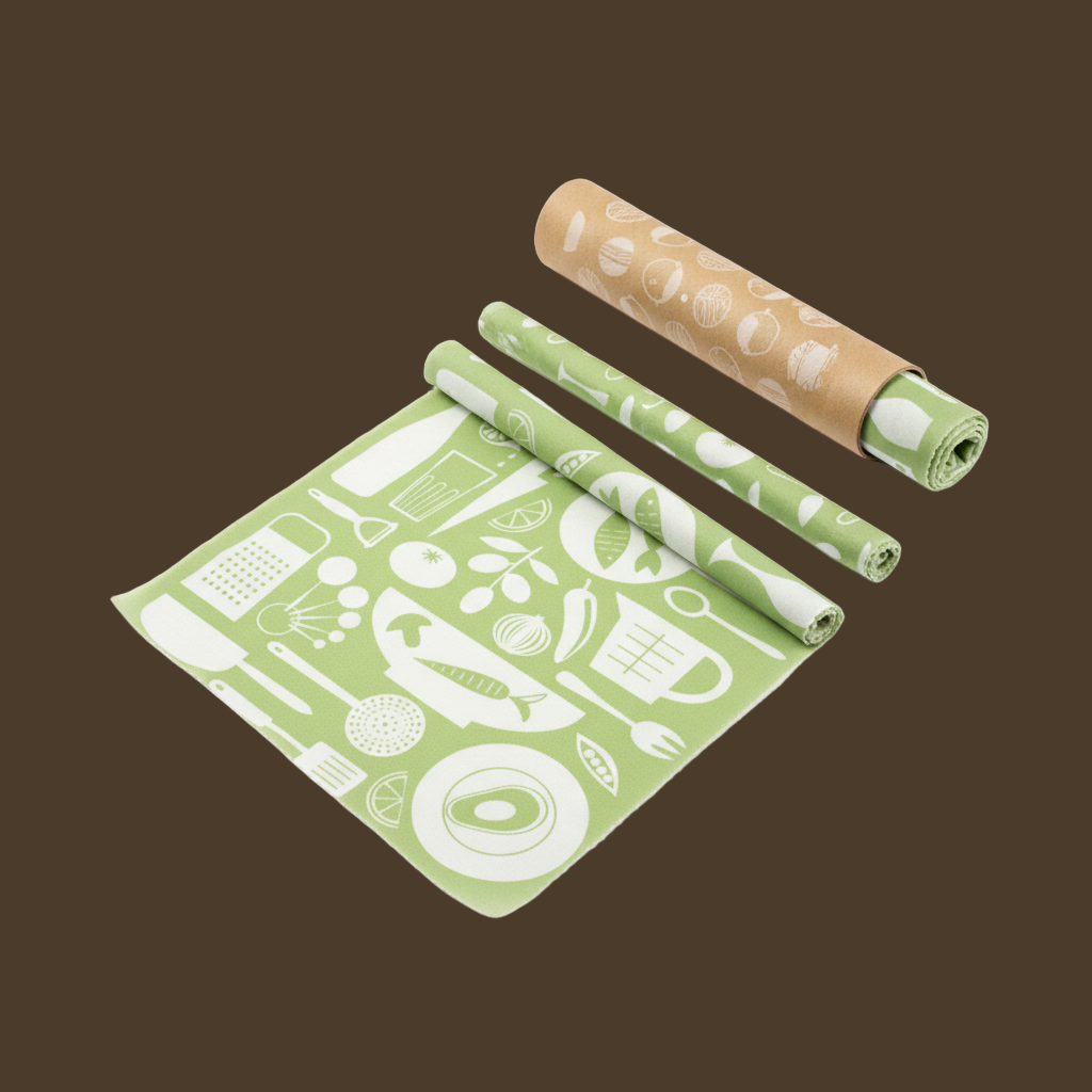 Set of green kitchen towels with white patterns and a brown rolling pin