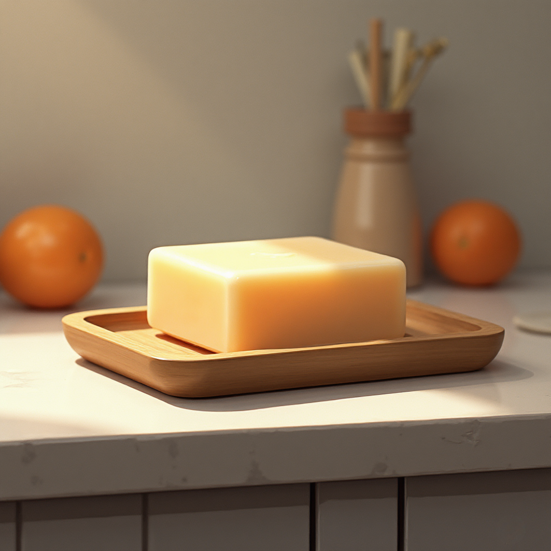 Bar of soap on a wooden tray with oranges and a vase in the background