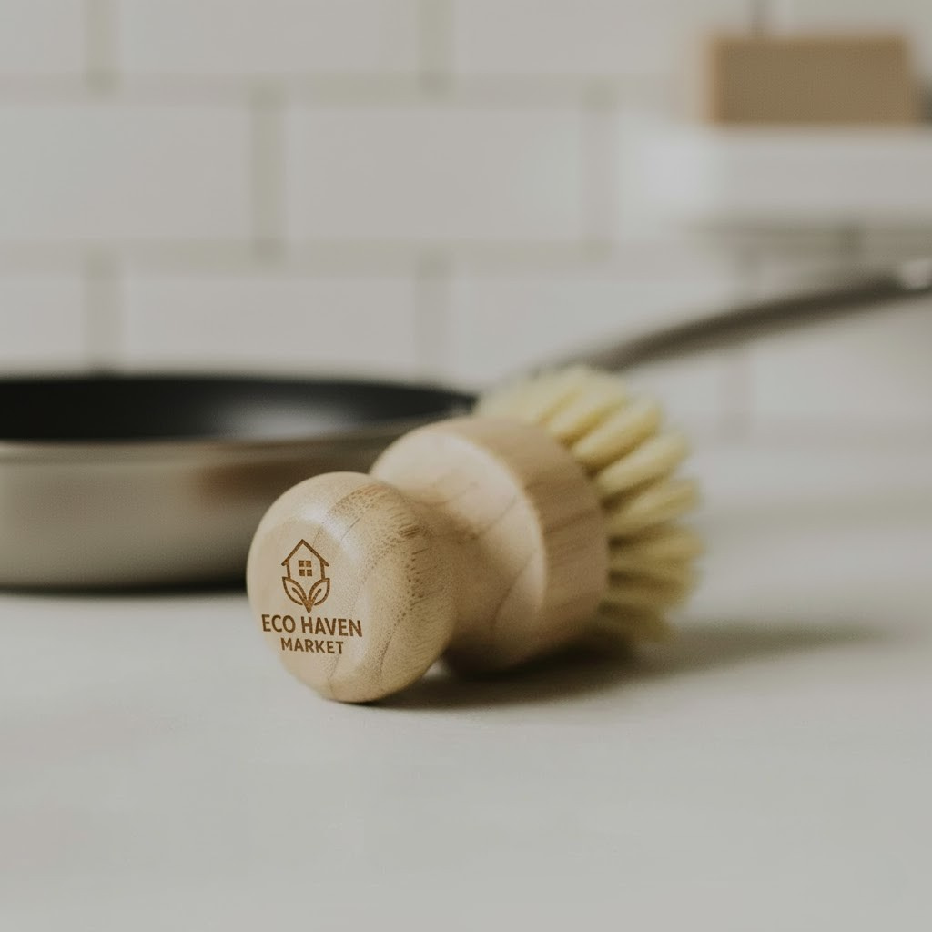 Wooden dish brush with 'Eco Haven Market' branding on a kitchen counter.