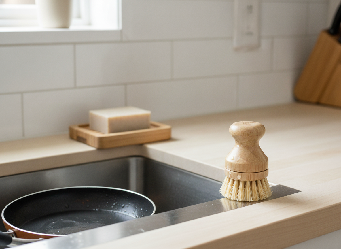 Dish brush on a kitchen sink with soap and a pan.