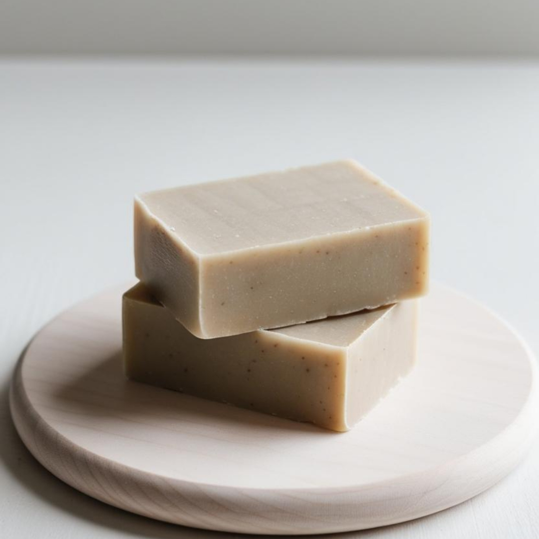 Two bars of kitchen dish soap stacked on a white plate with a neutral background