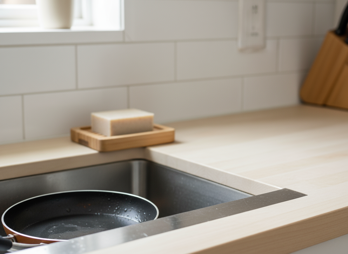 Dish Soap with a frying pan on a wooden countertop.
