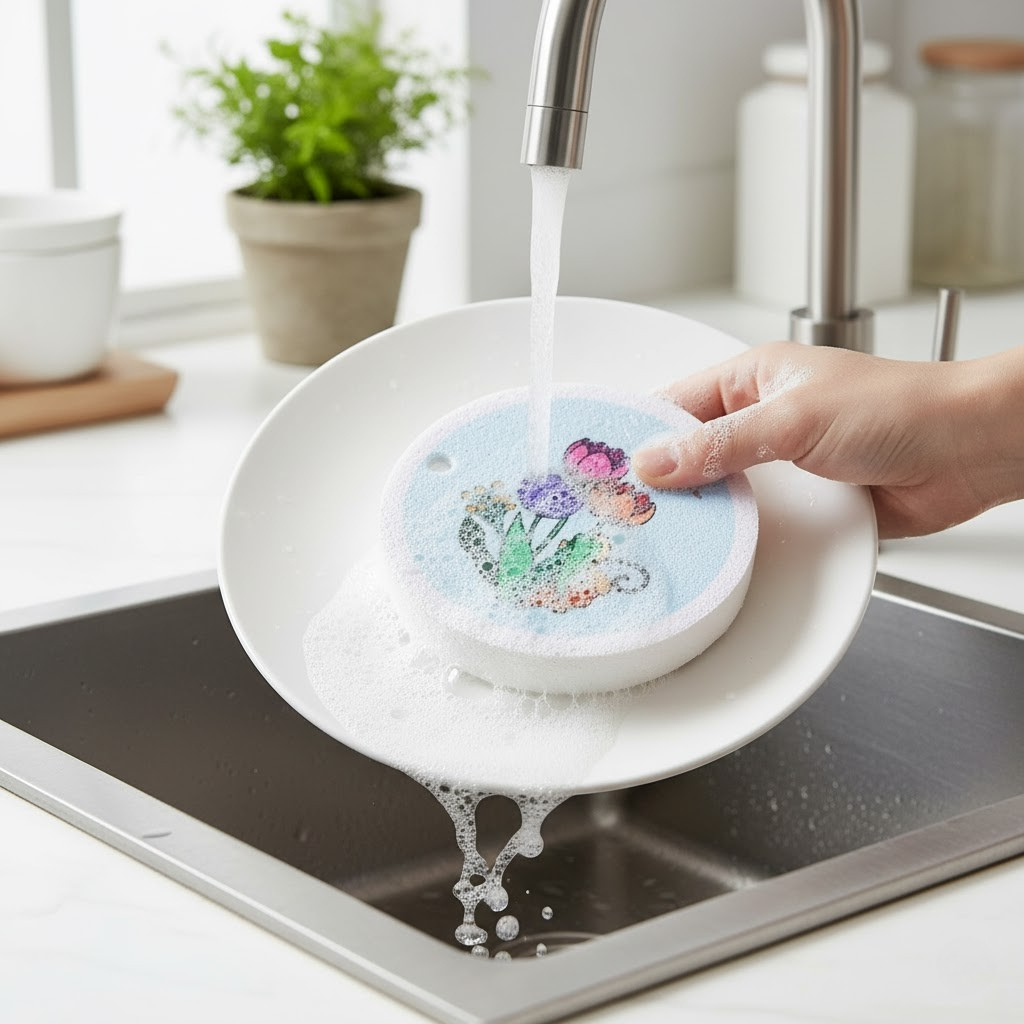 Person washing a white plate with floral design  Dish Sponge under running water in a kitchen sink.
