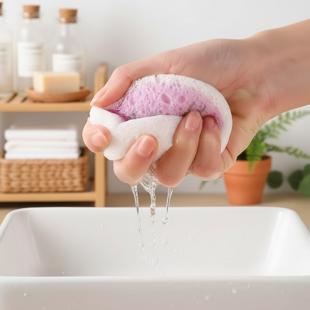 Hand squeezing a pink and white sponge over a sink with a blurred background