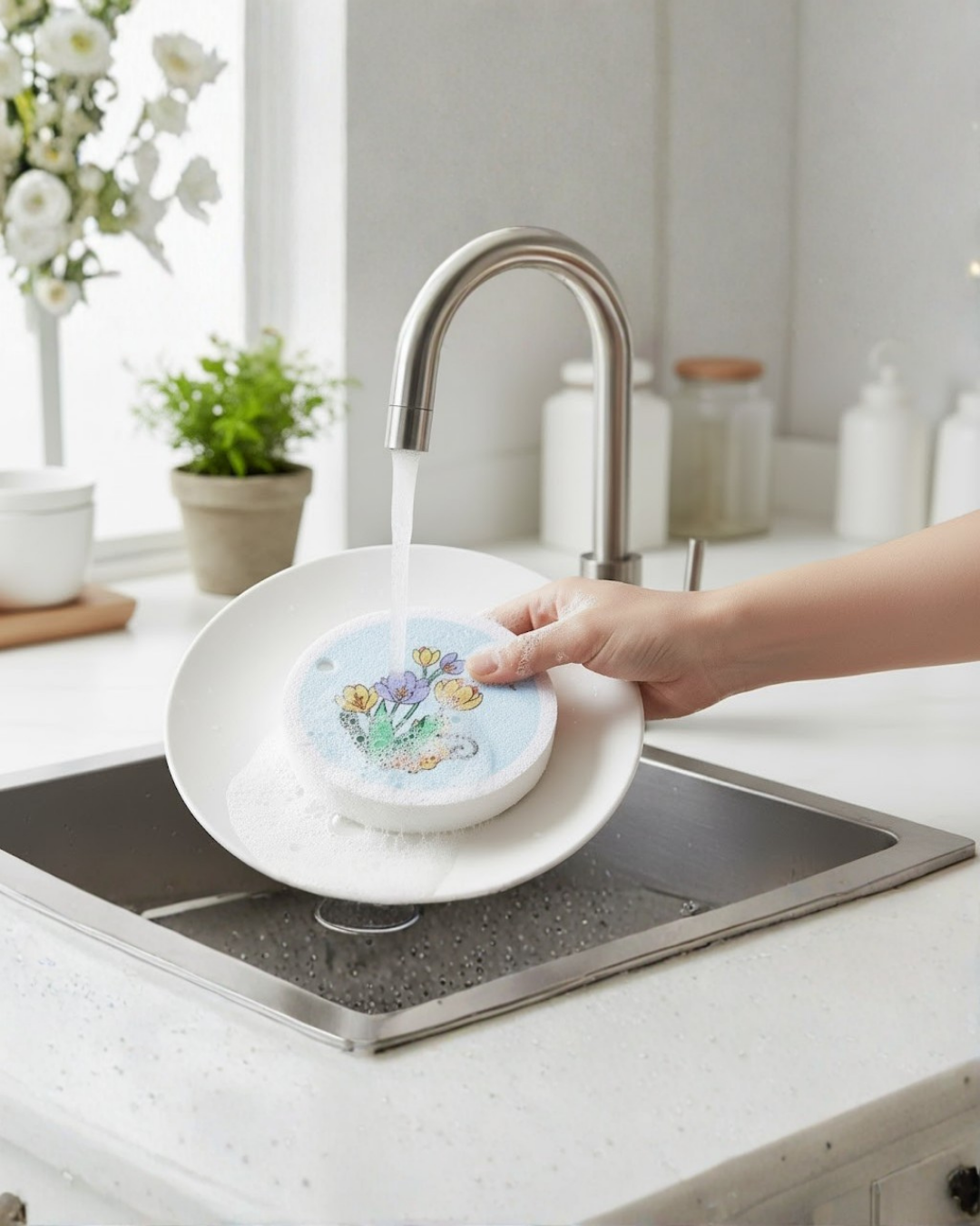 Person washing a plate with a floral design  Dish Sponge under running water in a kitchen.