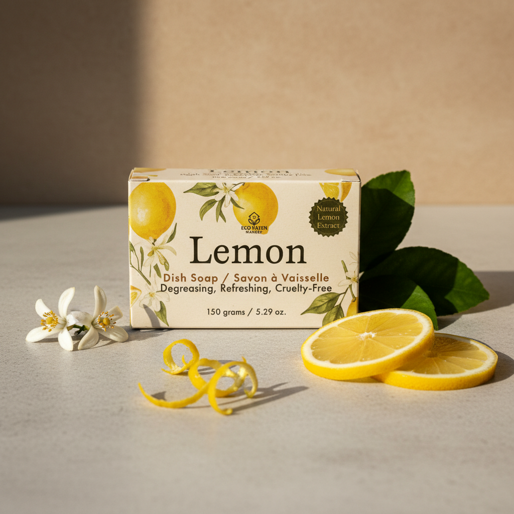 Bar of lemon soap with packaging, lemon slices, and leaves on a neutral background