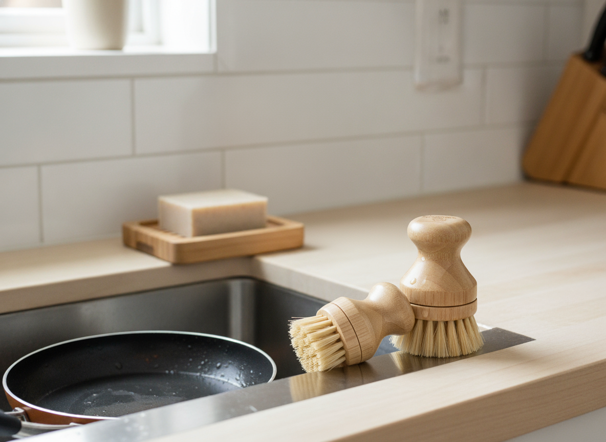 Bamboo dish brush on a kitchen sink with soap and a pan.