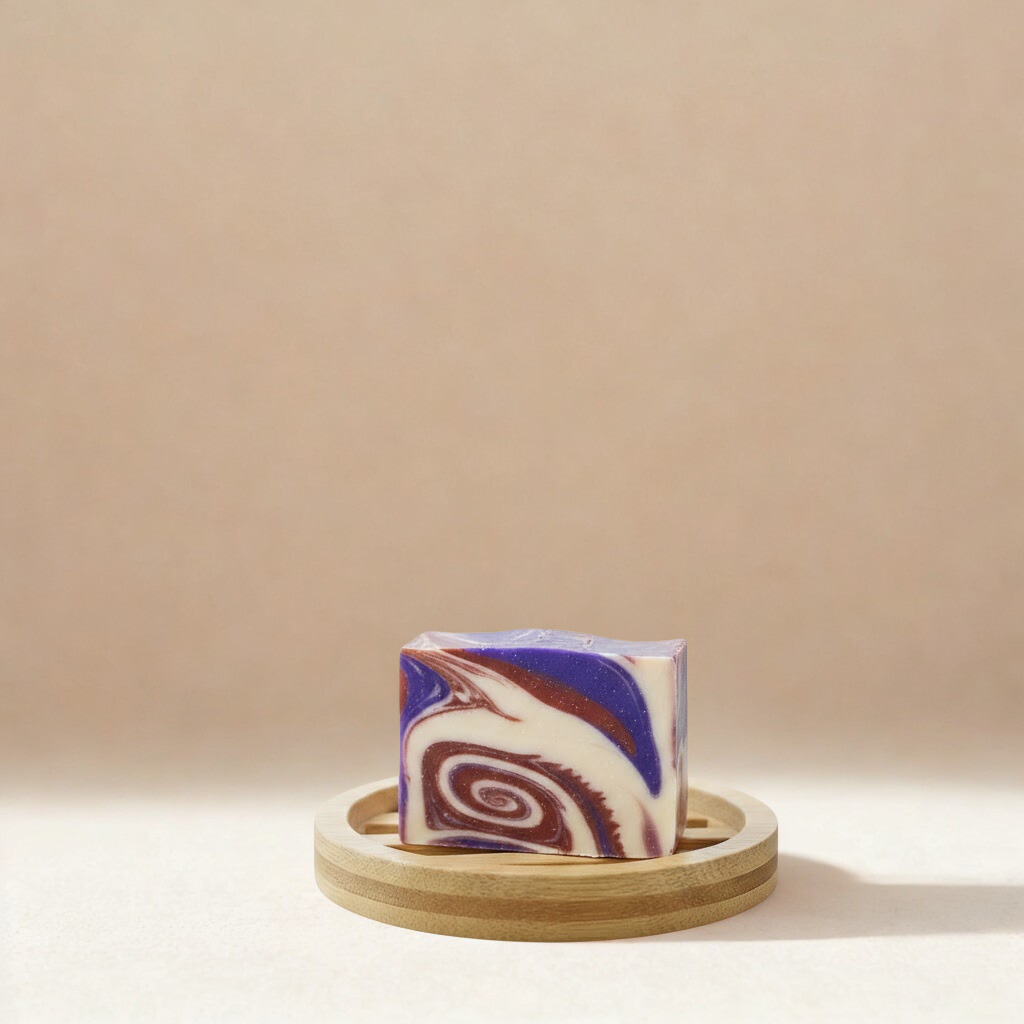 Marbled Dragon soap bar on a wooden stand against a beige background