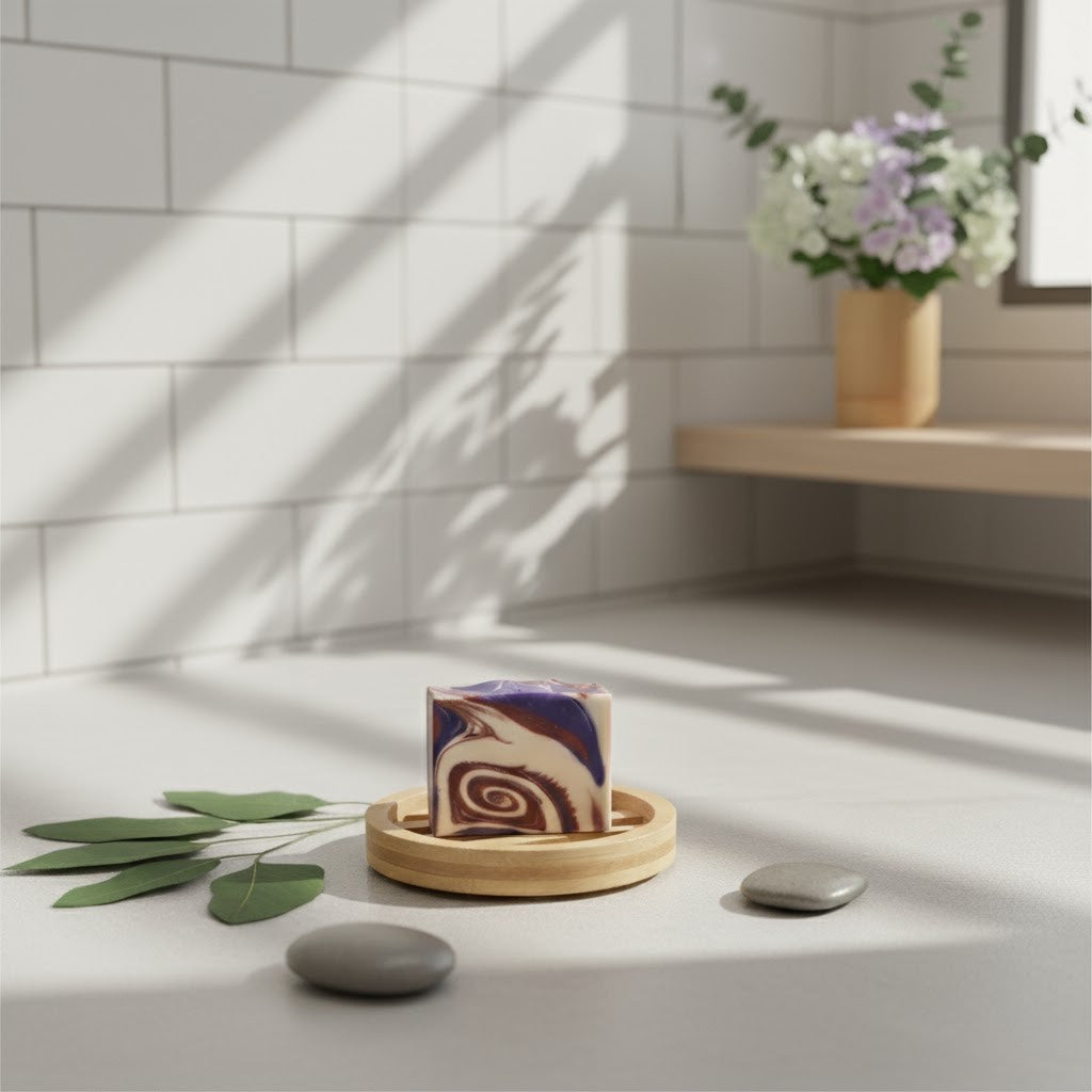 Dragon Soap with a decorative pattern on a wooden dish in a bathroom setting with sunlight casting shadows.