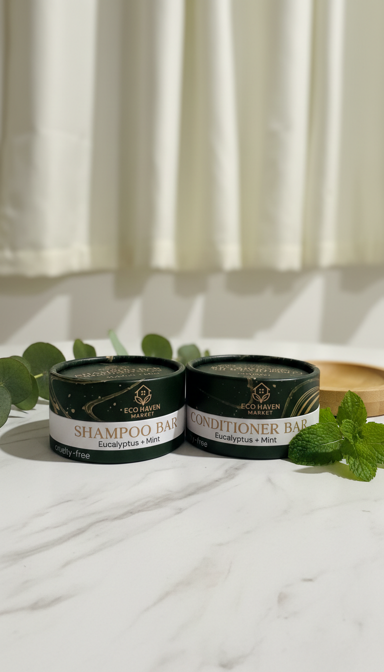 Two shampoo and conditioner bars with eucalyptus and mint on a white surface.