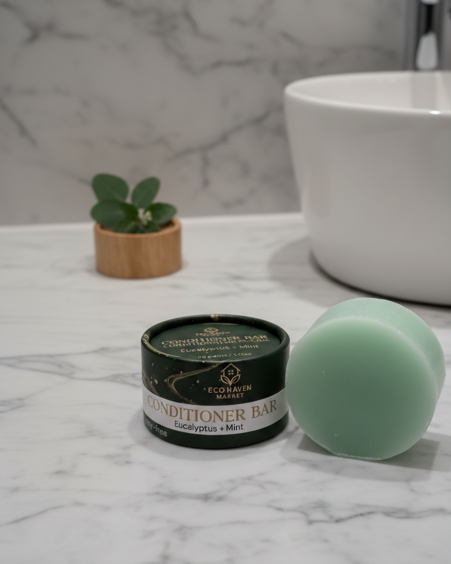 Conditioner bar and black container on a marble surface with a plant in the background