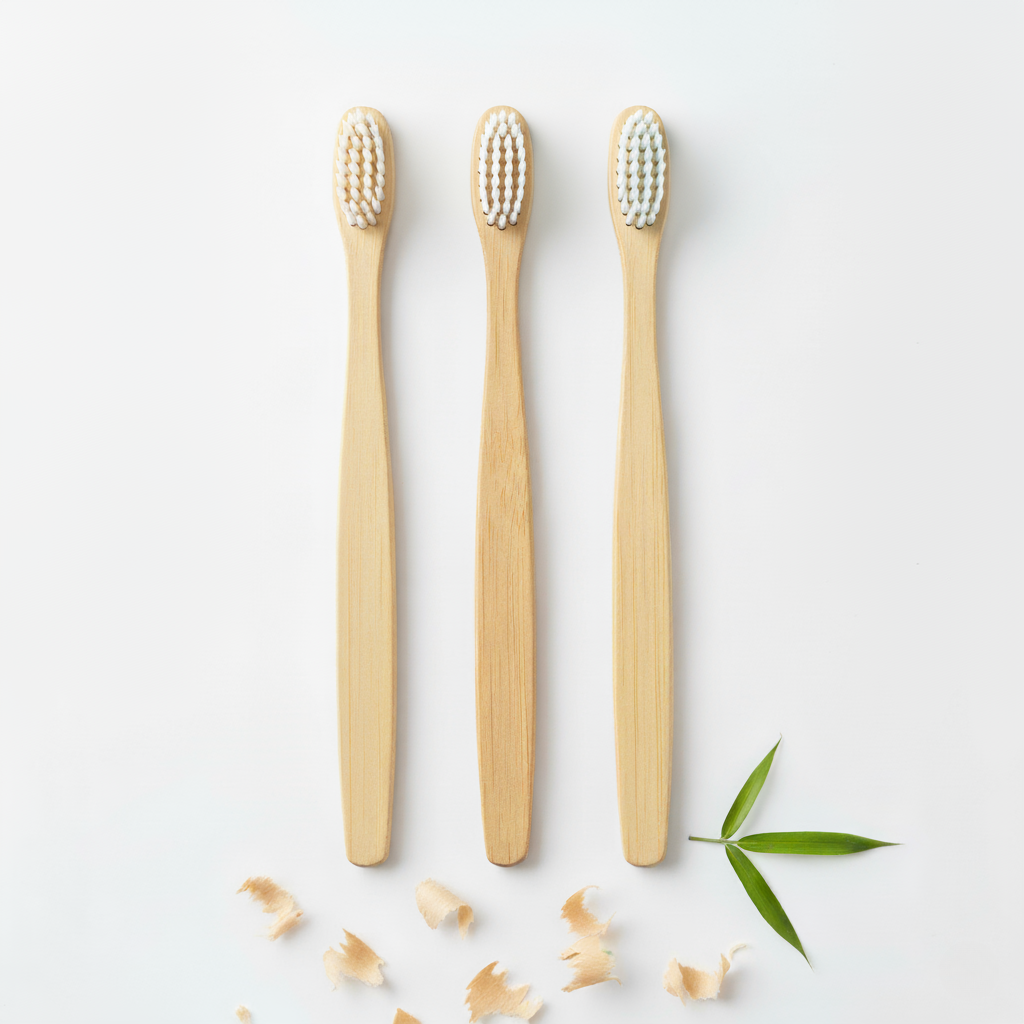 Three wooden toothbrushes on a light background with a bamboo leaf.