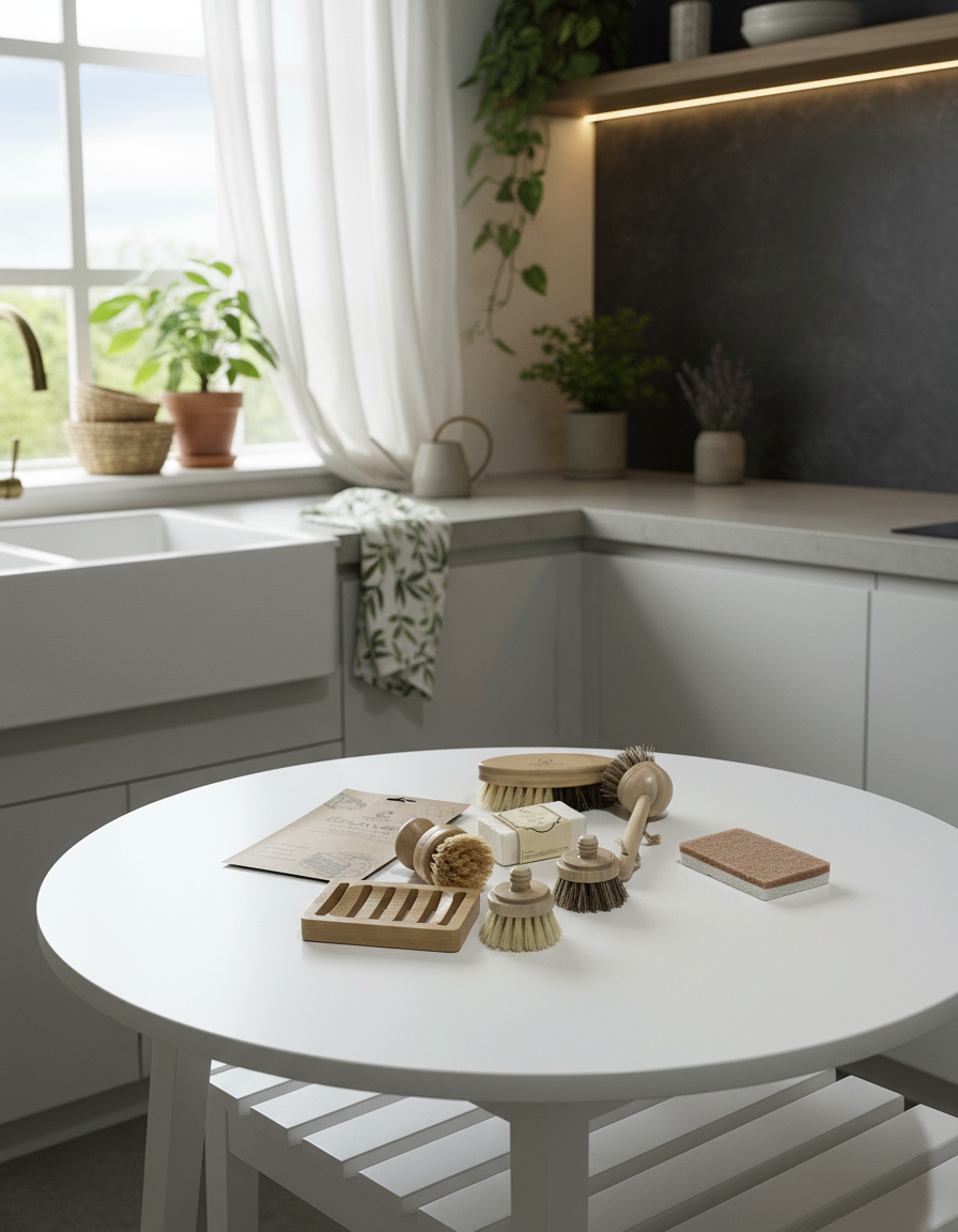 Round white table with cleaning supplies in a modern kitchen