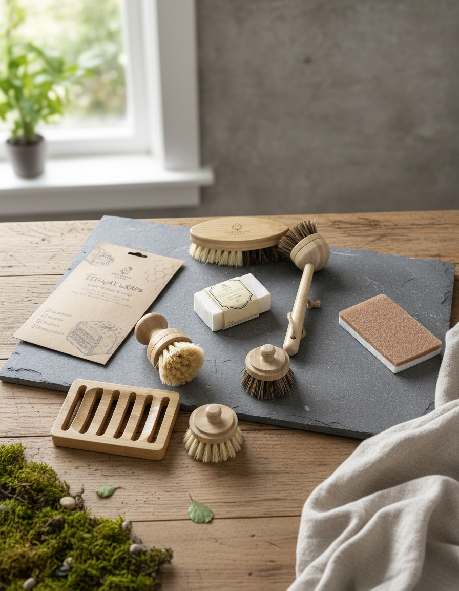 Set of natural cleaning brushes and tools on a slate tray with a window in the background.