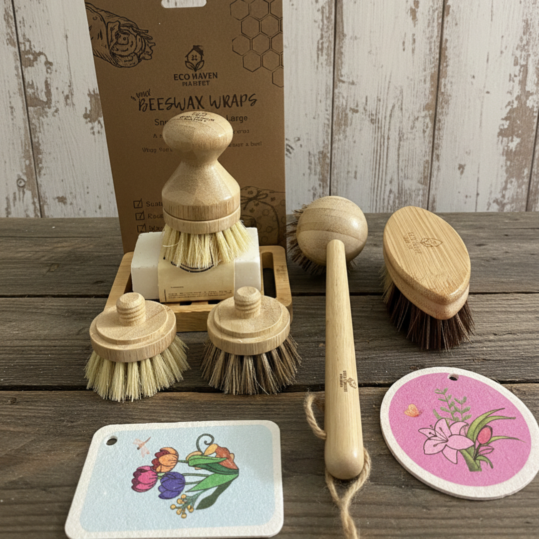 Set of wooden cleaning brushes and coasters on a wooden surface with a cardboard box in the background.