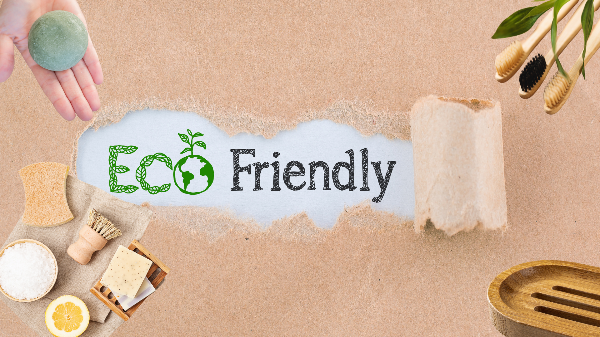 Eco-friendly products and 'Eco Friendly' text on a brown paper background