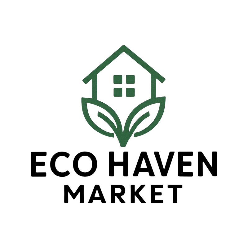 Logo for Eco Haven Market with a green house and leaves design on a white background