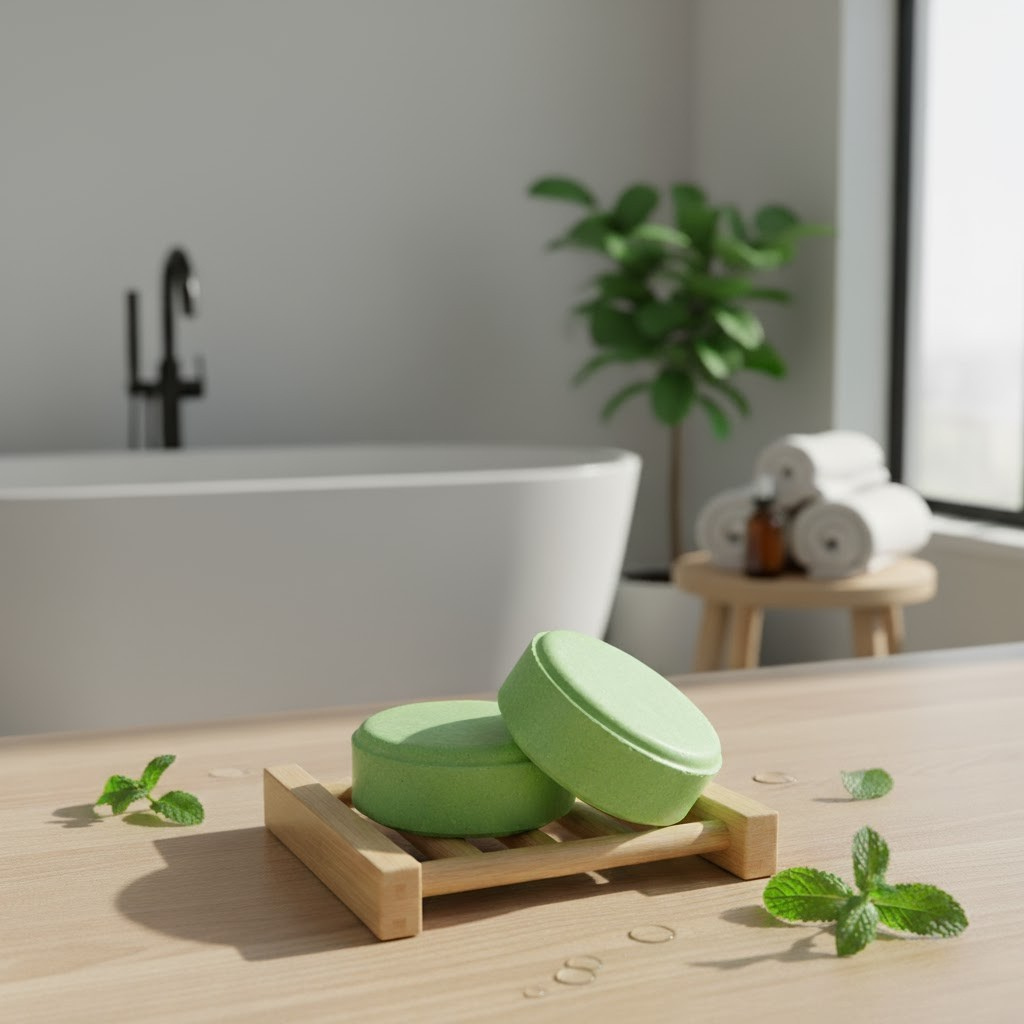 Eucalyptus Mint Bars on a wooden soap dish with a bathtub and plant in the background.