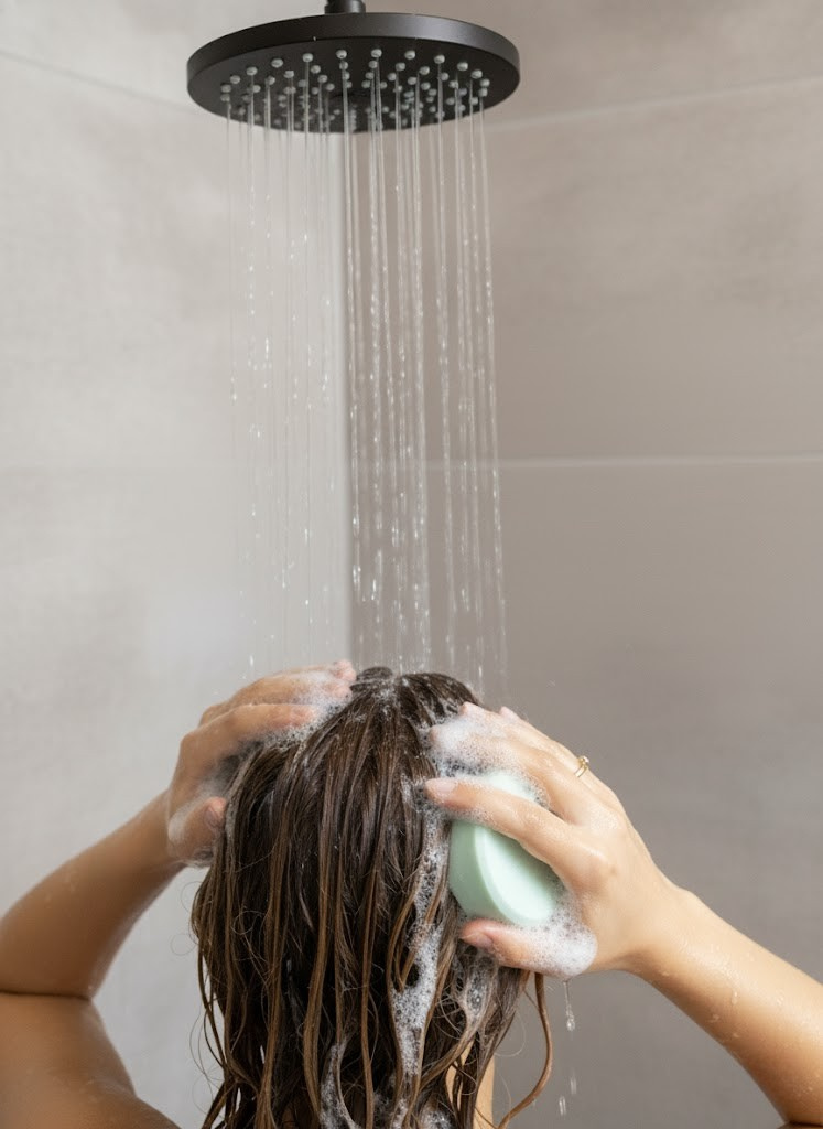 Person washing hair with a Eucalyptus and Mint Shampoo Bar in a bathroom setting